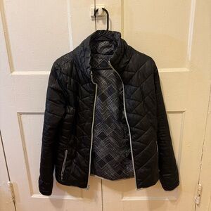 black and grey reversible puffer jacket